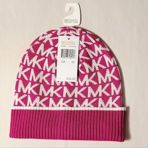 🔥4.99SHIP🔥🆕️Michael Kors OSFM Allover MK Print Knit Beanie Deep Fushcia Cream